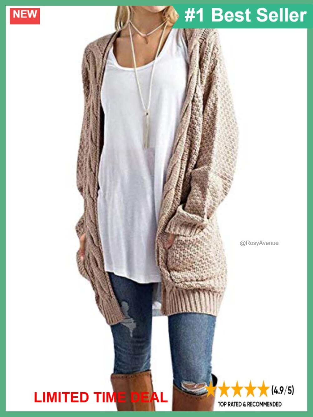 Women's Cable-Knit Open Front Cardigan Sweater with Pockets Long Sleeve